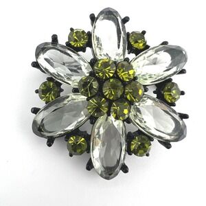 Vintage Black Metal Flower Brooch Clear & Olive Green Rhinestones 1.75" Round